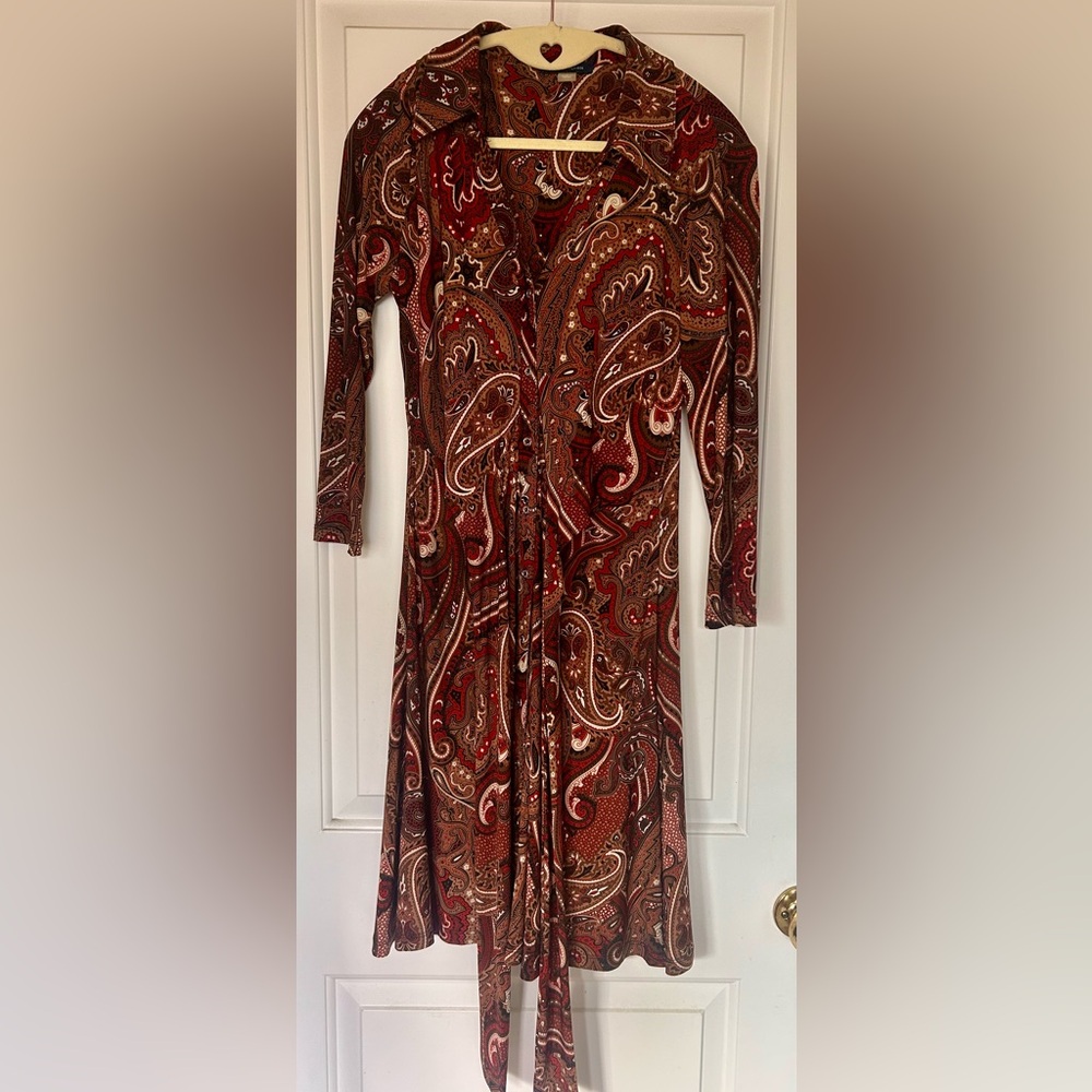 Tommy Hilfiger Red and Brown Paisley Long Sleeve Dress - Picture 2 of 7